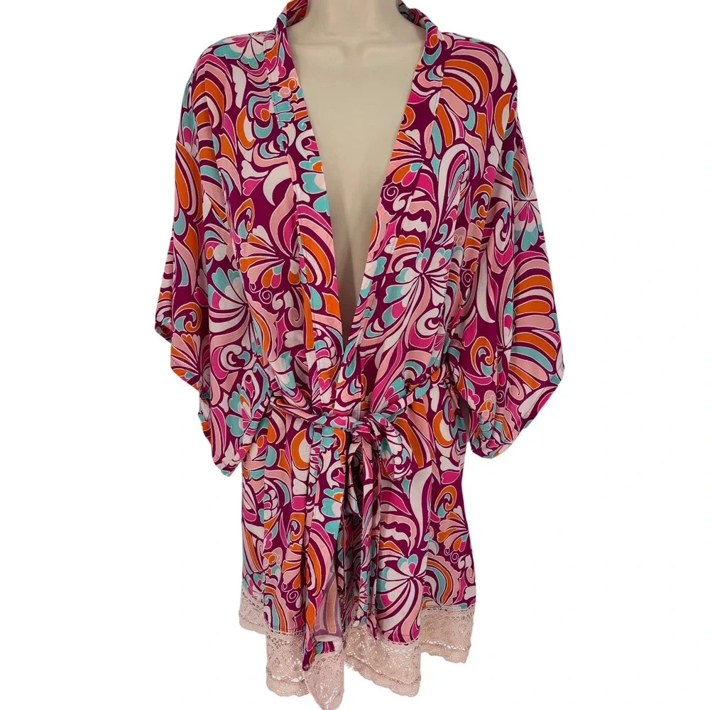 Josie Natori Womens Small Pink Psychedelic Floral Lace Trim Kimono Robe S